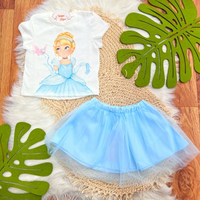  Conj. Blusa Princesa Cinderela e Saia em Tule - Azul Bebê